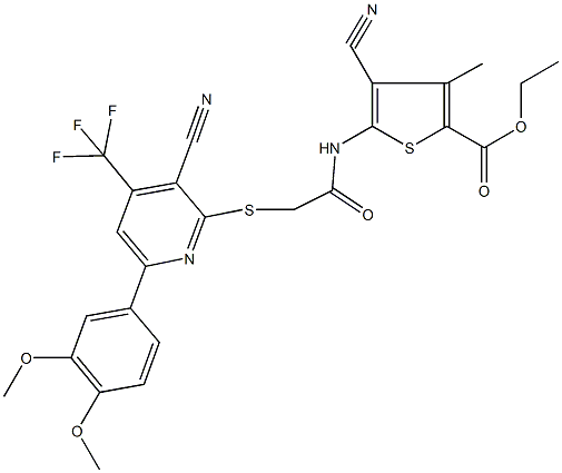 ethyl 4-cyano-5-[({[3-cyano-6-(3,4-dimethoxyphenyl)-4-(trifluoromethyl)pyridin-2-yl]sulfanyl}acetyl)amino]-3-methylthiophene-2-carboxylate,488812-48-2,结构式
