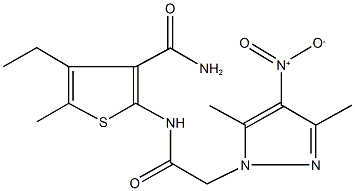 4-ethyl-2-[({4-nitro-3,5-dimethyl-1H-pyrazol-1-yl}acetyl)amino]-5-methyl-3-thiophenecarboxamide Structure