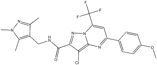 3-chloro-5-(4-methoxyphenyl)-7-(trifluoromethyl)-N-[(1,3,5-trimethyl-1H-pyrazol-4-yl)methyl]pyrazolo[1,5-a]pyrimidine-2-carboxamide Struktur