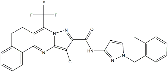 11-chloro-N-[1-(2-methylbenzyl)-1H-pyrazol-3-yl]-7-(trifluoromethyl)-5,6-dihydrobenzo[h]pyrazolo[5,1-b]quinazoline-10-carboxamide Struktur