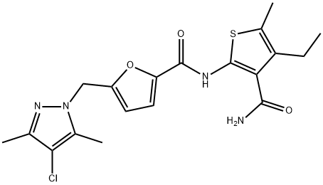 N-[3-(aminocarbonyl)-4-ethyl-5-methyl-2-thienyl]-5-[(4-chloro-3,5-dimethyl-1H-pyrazol-1-yl)methyl]-2-furamide Struktur
