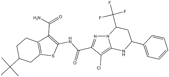N-[3-(aminocarbonyl)-6-tert-butyl-4,5,6,7-tetrahydro-1-benzothien-2-yl]-3-chloro-5-phenyl-7-(trifluoromethyl)-4,5,6,7-tetrahydropyrazolo[1,5-a]pyrimidine-2-carboxamide Struktur