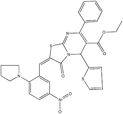 ethyl 2-[5-nitro-2-(1-pyrrolidinyl)benzylidene]-3-oxo-7-phenyl-5-(2-thienyl)-2,3-dihydro-5H-[1,3]thiazolo[3,2-a]pyrimidine-6-carboxylate Struktur