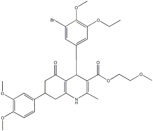 2-methoxyethyl 4-(3-bromo-5-ethoxy-4-methoxyphenyl)-7-(3,4-dimethoxyphenyl)-2-methyl-5-oxo-1,4,5,6,7,8-hexahydro-3-quinolinecarboxylate Struktur