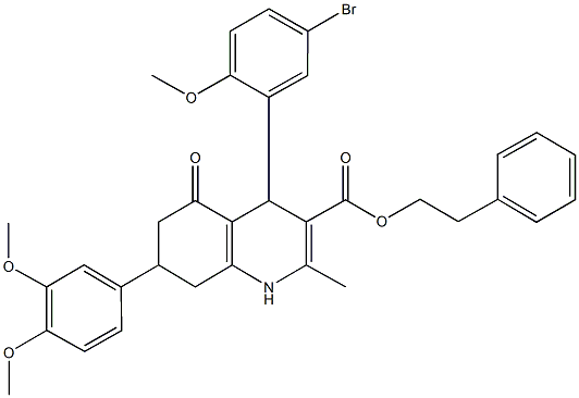 2-phenylethyl 4-(5-bromo-2-methoxyphenyl)-7-(3,4-dimethoxyphenyl)-2-methyl-5-oxo-1,4,5,6,7,8-hexahydro-3-quinolinecarboxylate,494194-00-2,结构式