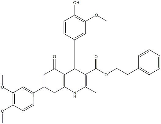 2-phenylethyl 7-(3,4-dimethoxyphenyl)-4-(4-hydroxy-3-methoxyphenyl)-2-methyl-5-oxo-1,4,5,6,7,8-hexahydro-3-quinolinecarboxylate Struktur