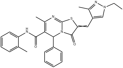 2-[(1-ethyl-3-methyl-1H-pyrazol-4-yl)methylene]-7-methyl-N-(2-methylphenyl)-3-oxo-5-phenyl-2,3-dihydro-5H-[1,3]thiazolo[3,2-a]pyrimidine-6-carboxamide Struktur