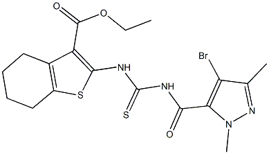 ethyl 2-[({[(4-bromo-1,3-dimethyl-1H-pyrazol-5-yl)carbonyl]amino}carbothioyl)amino]-4,5,6,7-tetrahydro-1-benzothiophene-3-carboxylate Struktur