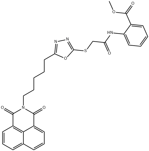 methyl 2-{[({5-[5-(1,3-dioxo-1H-benzo[de]isoquinolin-2(3H)-yl)pentyl]-1,3,4-oxadiazol-2-yl}sulfanyl)acetyl]amino}benzoate Struktur