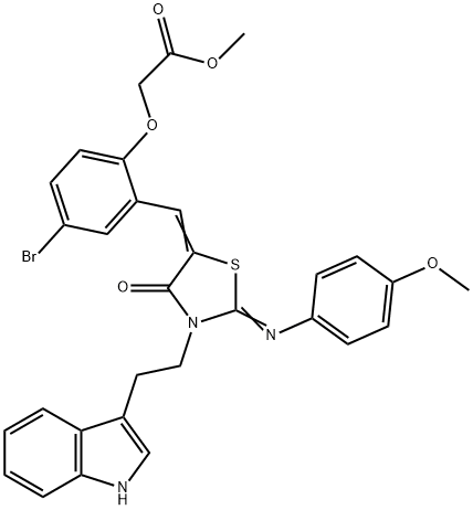 methyl [4-bromo-2-({3-[2-(1H-indol-3-yl)ethyl]-2-[(4-methoxyphenyl)imino]-4-oxo-1,3-thiazolidin-5-ylidene}methyl)phenoxy]acetate,496767-59-0,结构式