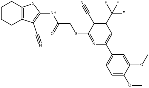 2-{[3-cyano-6-(3,4-dimethoxyphenyl)-4-(trifluoromethyl)pyridin-2-yl]sulfanyl}-N-(3-cyano-4,5,6,7-tetrahydro-1-benzothien-2-yl)acetamide Structure