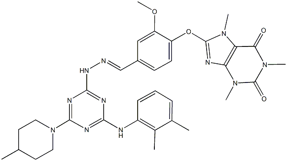 3-methoxy-4-[(1,3,7-trimethyl-2,6-dioxo-2,3,6,7-tetrahydro-1H-purin-8-yl)oxy]benzaldehyde [4-(2,3-dimethylanilino)-6-(4-methylpiperidin-1-yl)-1,3,5-triazin-2-yl]hydrazone Struktur