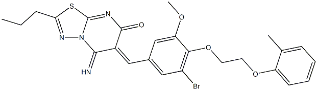 6-{3-bromo-5-methoxy-4-[2-(2-methylphenoxy)ethoxy]benzylidene}-5-imino-2-propyl-5,6-dihydro-7H-[1,3,4]thiadiazolo[3,2-a]pyrimidin-7-one,496965-83-4,结构式