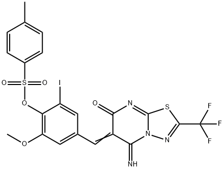 4-[(5-imino-7-oxo-2-(trifluoromethyl)-5H-[1,3,4]thiadiazolo[3,2-a]pyrimidin-6(7H)-ylidene)methyl]-2-iodo-6-methoxyphenyl 4-methylbenzenesulfonate Struktur