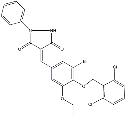 4-{3-bromo-4-[(2,6-dichlorobenzyl)oxy]-5-ethoxybenzylidene}-1-phenyl-3,5-pyrazolidinedione Struktur