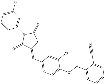 2-[(2-chloro-4-{[3-(3-chlorophenyl)-2,4-dioxo-1,3-thiazolidin-5-ylidene]methyl}phenoxy)methyl]benzonitrile Struktur