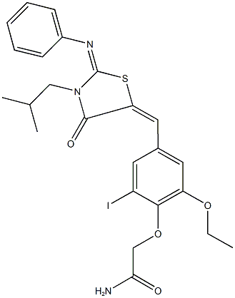 2-(2-ethoxy-6-iodo-4-{[3-isobutyl-4-oxo-2-(phenylimino)-1,3-thiazolidin-5-ylidene]methyl}phenoxy)acetamide Structure