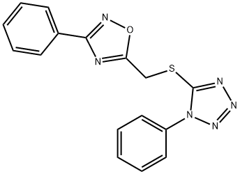 1-phenyl-5-{[(3-phenyl-1,2,4-oxadiazol-5-yl)methyl]sulfanyl}-1H-tetraazole Struktur