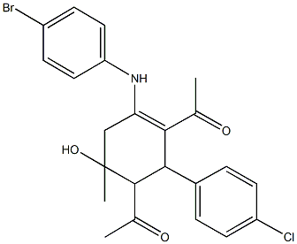 1-[3-acetyl-4-(4-bromoanilino)-2-(4-chlorophenyl)-6-hydroxy-6-methyl-3-cyclohexen-1-yl]ethanone Structure