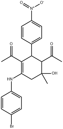 1-(3-acetyl-4-(4-bromoanilino)-6-hydroxy-2-{4-nitrophenyl}-6-methylcyclohex-3-en-1-yl)ethanone Struktur