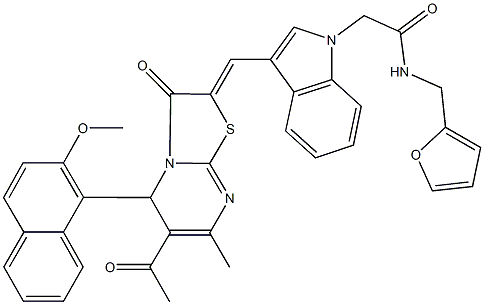 2-{3-[(6-acetyl-5-(2-methoxy-1-naphthyl)-7-methyl-3-oxo-5H-[1,3]thiazolo[3,2-a]pyrimidin-2(3H)-ylidene)methyl]-1H-indol-1-yl}-N-(2-furylmethyl)acetamide Struktur