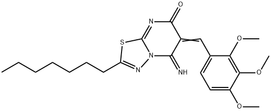 2-heptyl-5-imino-6-(2,3,4-trimethoxybenzylidene)-5,6-dihydro-7H-[1,3,4]thiadiazolo[3,2-a]pyrimidin-7-one 结构式