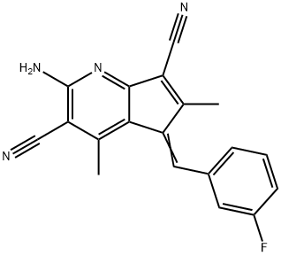2-amino-5-(3-fluorobenzylidene)-4,6-dimethyl-5H-cyclopenta[b]pyridine-3,7-dicarbonitrile 化学構造式