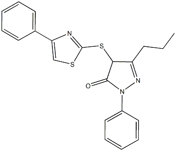 2-phenyl-4-[(4-phenyl-1,3-thiazol-2-yl)sulfanyl]-5-propyl-2,4-dihydro-3H-pyrazol-3-one Struktur