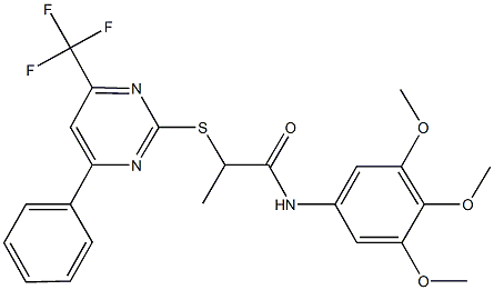 2-{[4-phenyl-6-(trifluoromethyl)-2-pyrimidinyl]sulfanyl}-N-(3,4,5-trimethoxyphenyl)propanamide Struktur