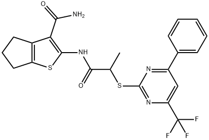 2-[(2-{[4-phenyl-6-(trifluoromethyl)-2-pyrimidinyl]sulfanyl}propanoyl)amino]-5,6-dihydro-4H-cyclopenta[b]thiophene-3-carboxamide Structure