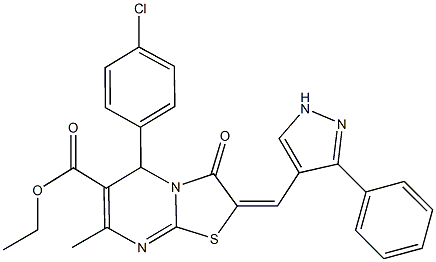 ethyl 5-(4-chlorophenyl)-7-methyl-3-oxo-2-[(3-phenyl-1H-pyrazol-4-yl)methylene]-2,3-dihydro-5H-[1,3]thiazolo[3,2-a]pyrimidine-6-carboxylate,512810-48-9,结构式