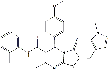 5-(4-methoxyphenyl)-7-methyl-N-(2-methylphenyl)-2-[(1-methyl-1H-pyrazol-4-yl)methylene]-3-oxo-2,3-dihydro-5H-[1,3]thiazolo[3,2-a]pyrimidine-6-carboxamide Struktur