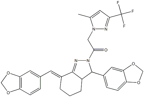 512815-96-2 3-(1,3-benzodioxol-5-yl)-7-(1,3-benzodioxol-5-ylmethylene)-2-{[5-methyl-3-(trifluoromethyl)-1H-pyrazol-1-yl]acetyl}-3,3a,4,5,6,7-hexahydro-2H-indazole