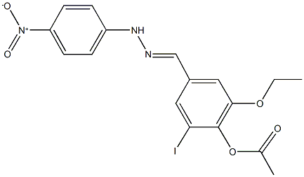2-ethoxy-4-(2-{4-nitrophenyl}carbohydrazonoyl)-6-iodophenyl acetate Struktur