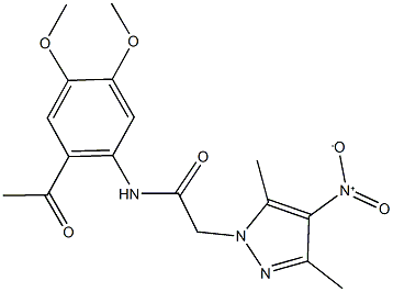 N-(2-acetyl-4,5-dimethoxyphenyl)-2-{4-nitro-3,5-dimethyl-1H-pyrazol-1-yl}acetamide 化学構造式