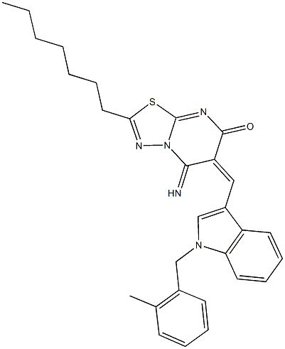 2-heptyl-5-imino-6-{[1-(2-methylbenzyl)-1H-indol-3-yl]methylene}-5,6-dihydro-7H-[1,3,4]thiadiazolo[3,2-a]pyrimidin-7-one Struktur