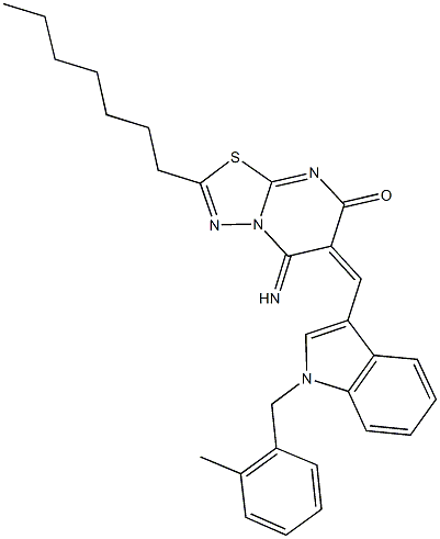 2-heptyl-5-imino-6-{[1-(2-methylbenzyl)-1H-indol-3-yl]methylene}-5,6-dihydro-7H-[1,3,4]thiadiazolo[3,2-a]pyrimidin-7-one Structure