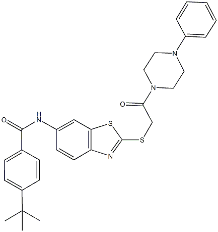 4-tert-butyl-N-(2-{[2-oxo-2-(4-phenyl-1-piperazinyl)ethyl]sulfanyl}-1,3-benzothiazol-6-yl)benzamide Struktur