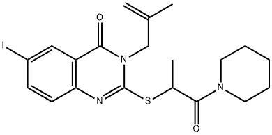 6-iodo-2-{[1-methyl-2-oxo-2-(1-piperidinyl)ethyl]sulfanyl}-3-(2-methyl-2-propenyl)-4(3H)-quinazolinone 化学構造式