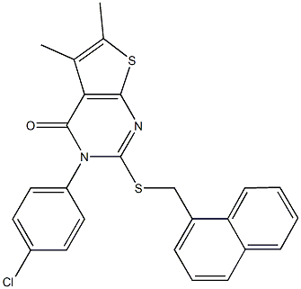 3-(4-chlorophenyl)-5,6-dimethyl-2-[(1-naphthylmethyl)sulfanyl]thieno[2,3-d]pyrimidin-4(3H)-one Struktur