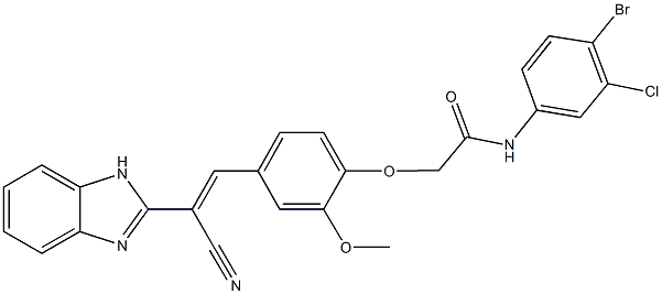 2-{4-[2-(1H-benzimidazol-2-yl)-2-cyanovinyl]-2-methoxyphenoxy}-N-(4-bromo-3-chlorophenyl)acetamide 结构式