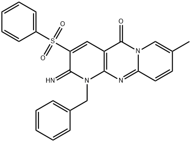 1-benzyl-2-imino-8-methyl-3-(phenylsulfonyl)-1,2-dihydro-5H-dipyrido[1,2-a:2,3-d]pyrimidin-5-one Structure
