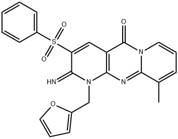 1-(2-furylmethyl)-2-imino-10-methyl-3-(phenylsulfonyl)-1,2-dihydro-5H-dipyrido[1,2-a:2,3-d]pyrimidin-5-one Struktur