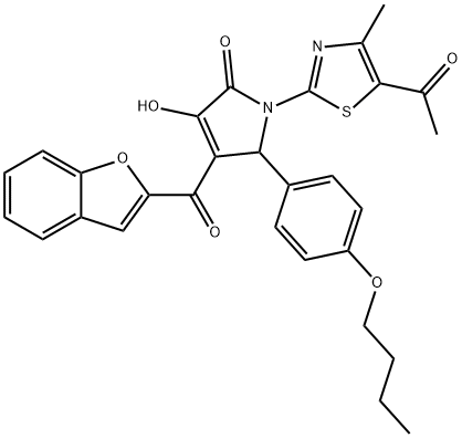 1-(5-acetyl-4-methyl-1,3-thiazol-2-yl)-4-(1-benzofuran-2-ylcarbonyl)-5-(4-butoxyphenyl)-3-hydroxy-1,5-dihydro-2H-pyrrol-2-one Structure
