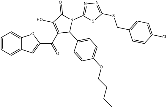 4-(1-benzofuran-2-ylcarbonyl)-5-(4-butoxyphenyl)-1-{5-[(4-chlorobenzyl)sulfanyl]-1,3,4-thiadiazol-2-yl}-3-hydroxy-1,5-dihydro-2H-pyrrol-2-one,618866-06-1,结构式
