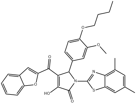 4-(1-benzofuran-2-ylcarbonyl)-5-(4-butoxy-3-methoxyphenyl)-1-(4,6-dimethyl-1,3-benzothiazol-2-yl)-3-hydroxy-1,5-dihydro-2H-pyrrol-2-one Struktur