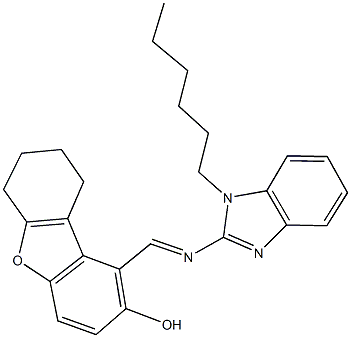 1-{[(1-hexyl-1H-benzimidazol-2-yl)imino]methyl}-6,7,8,9-tetrahydrodibenzo[b,d]furan-2-ol 结构式