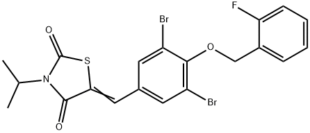 5-{3,5-dibromo-4-[(2-fluorobenzyl)oxy]benzylidene}-3-isopropyl-1,3-thiazolidine-2,4-dione,664352-69-6,结构式