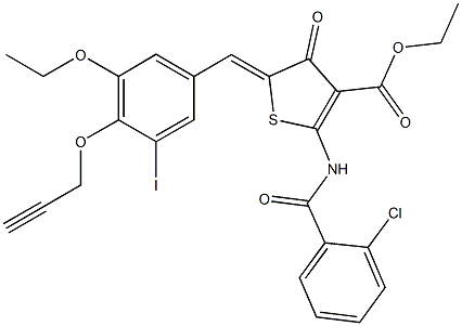 ethyl 2-[(2-chlorobenzoyl)amino]-5-[3-ethoxy-5-iodo-4-(2-propynyloxy)benzylidene]-4-oxo-4,5-dihydro-3-thiophenecarboxylate 化学構造式