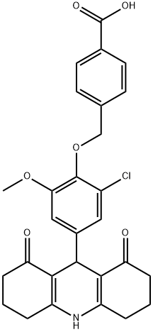 4-{[2-chloro-4-(1,8-dioxo-1,2,3,4,5,6,7,8,9,10-decahydro-9-acridinyl)-6-methoxyphenoxy]methyl}benzoic acid Struktur